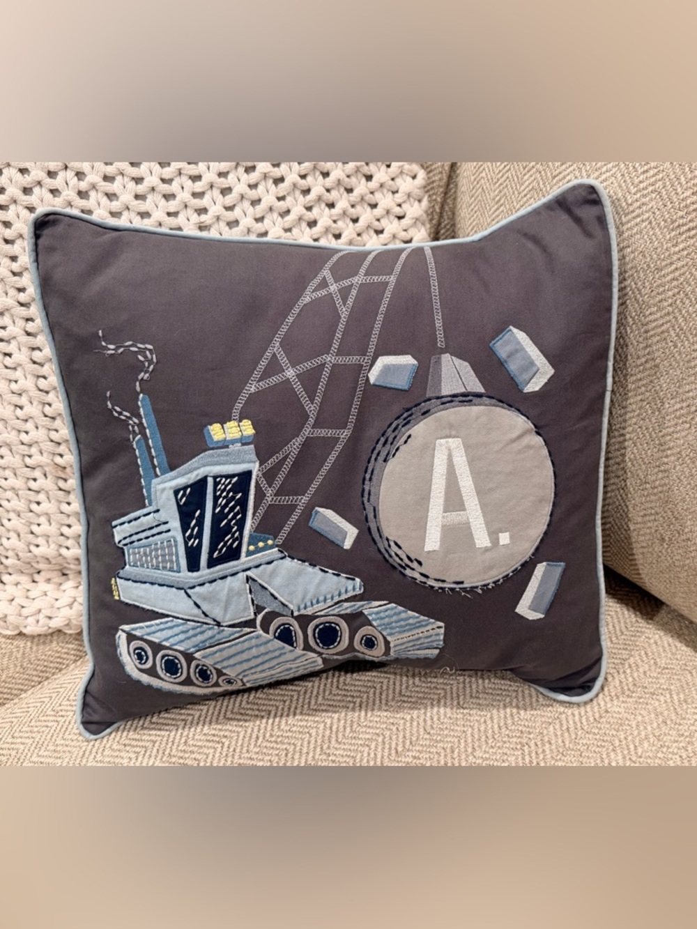 Pottery Barn Kids Construction Pillow 🔹Monogram A🔹Gray Blue Excavator